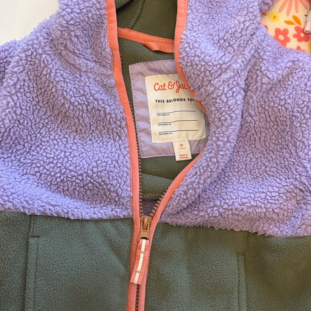 Cat & Jack Lavender and Olive Fleece Zip Jacket with Pink Trim